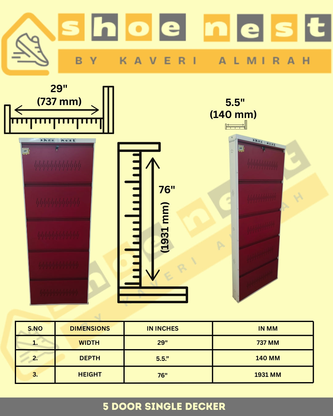 5 Door Single Decker Wall-Mounted Shoe Rack – 29 Inch | Powder-Coated Iron | Rust-Resistant Finish