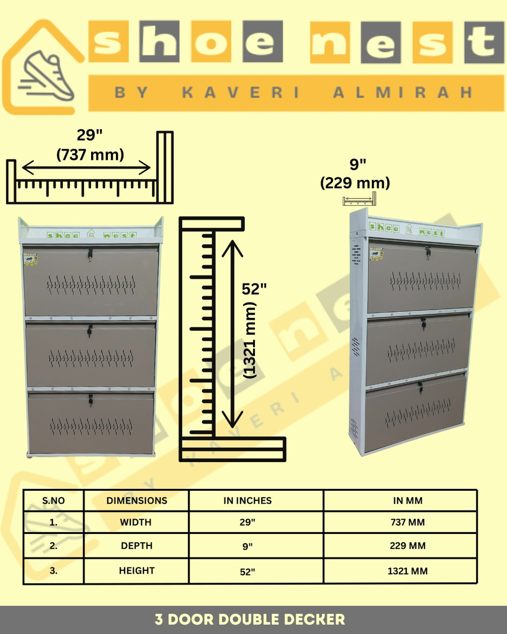 3 Door Double Decker Shoe Rack – Wall-Mounted | Powder-Coated Iron | Heavy-Duty & Rust-Proof