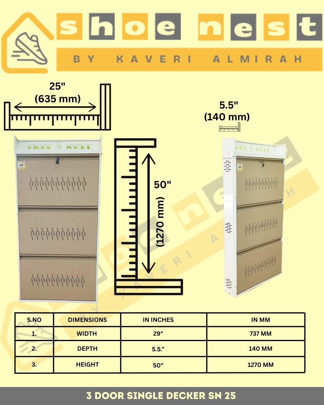 3 Door Single Decker Shoe Rack – 25 Inch Compact Wall-Mounted | Powder-Coated Iron | Rust-Proof