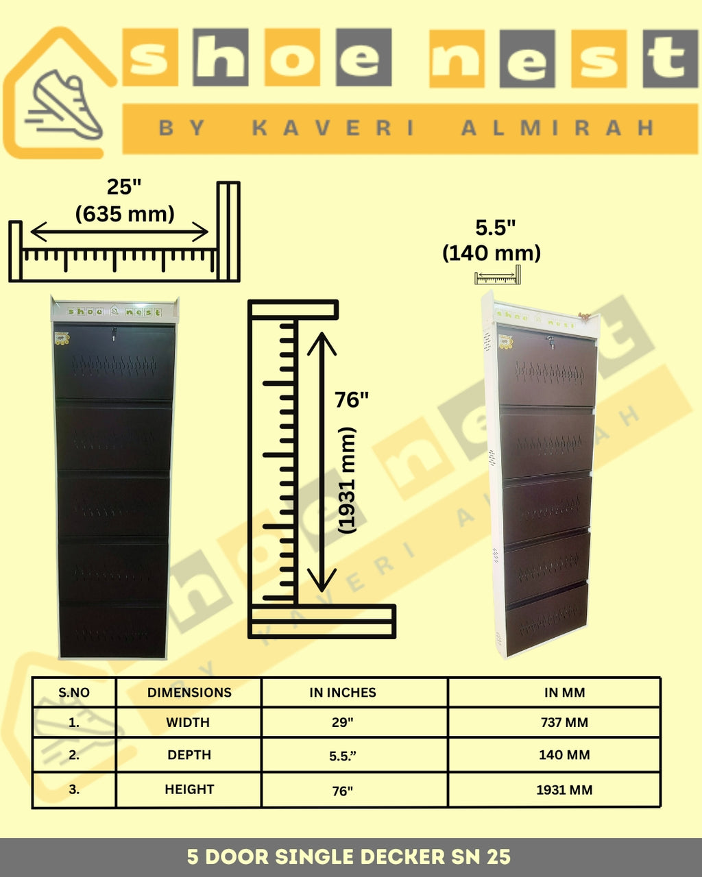 5 Door Single Decker Wall-Mounted Shoe Rack – 25 Inch | Powder-Coated Iron | Rust-Free CRCA Build