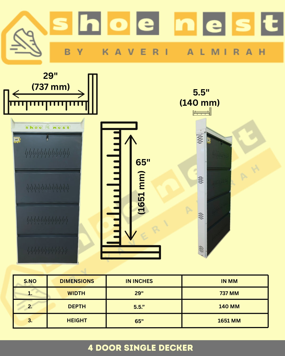 4 Door Single Decker Wall-Mounted Shoe Rack – 29 Inch | Powder-Coated Iron | Rust-Proof Finish