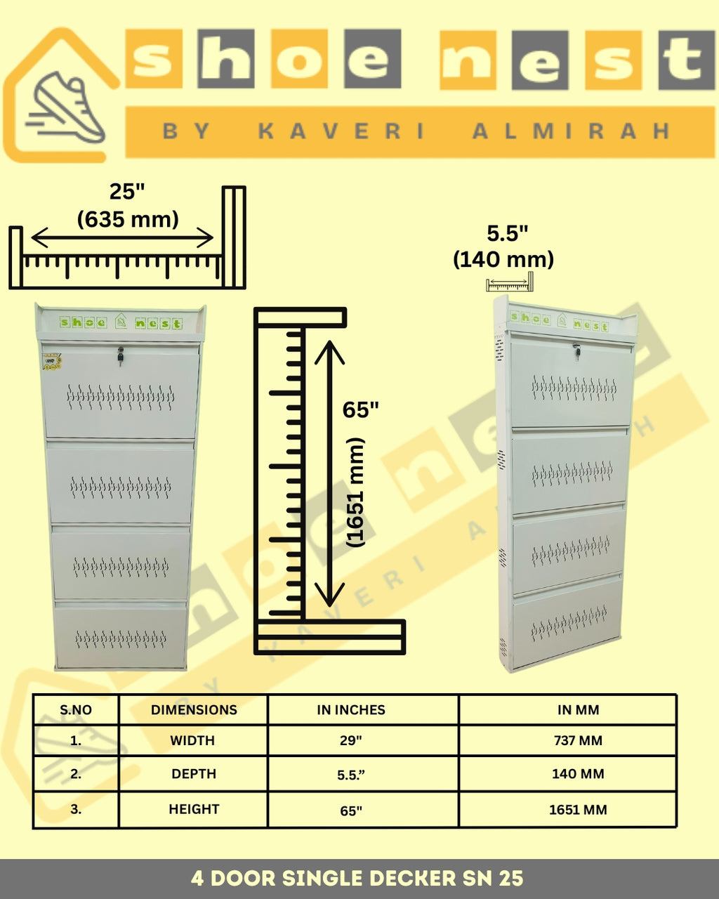 4 Door Single Decker Shoe Rack – 25 Inch Wall-Mounted | Powder-Coated Iron | Ample Capacity
