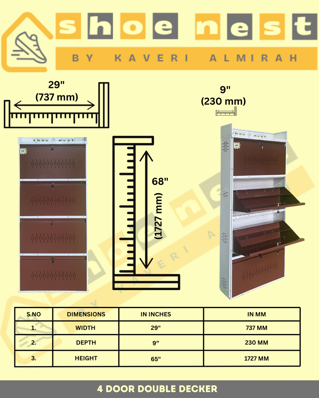 4 Door Double Decker Wall-Mounted Shoe Rack – Powder-Coated Iron | Heavy Duty | 29 Inch