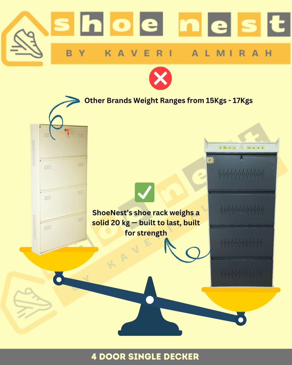 4 Door Single Decker Wall-Mounted Shoe Rack – 29 Inch | Powder-Coated Iron | Rust-Proof Finish