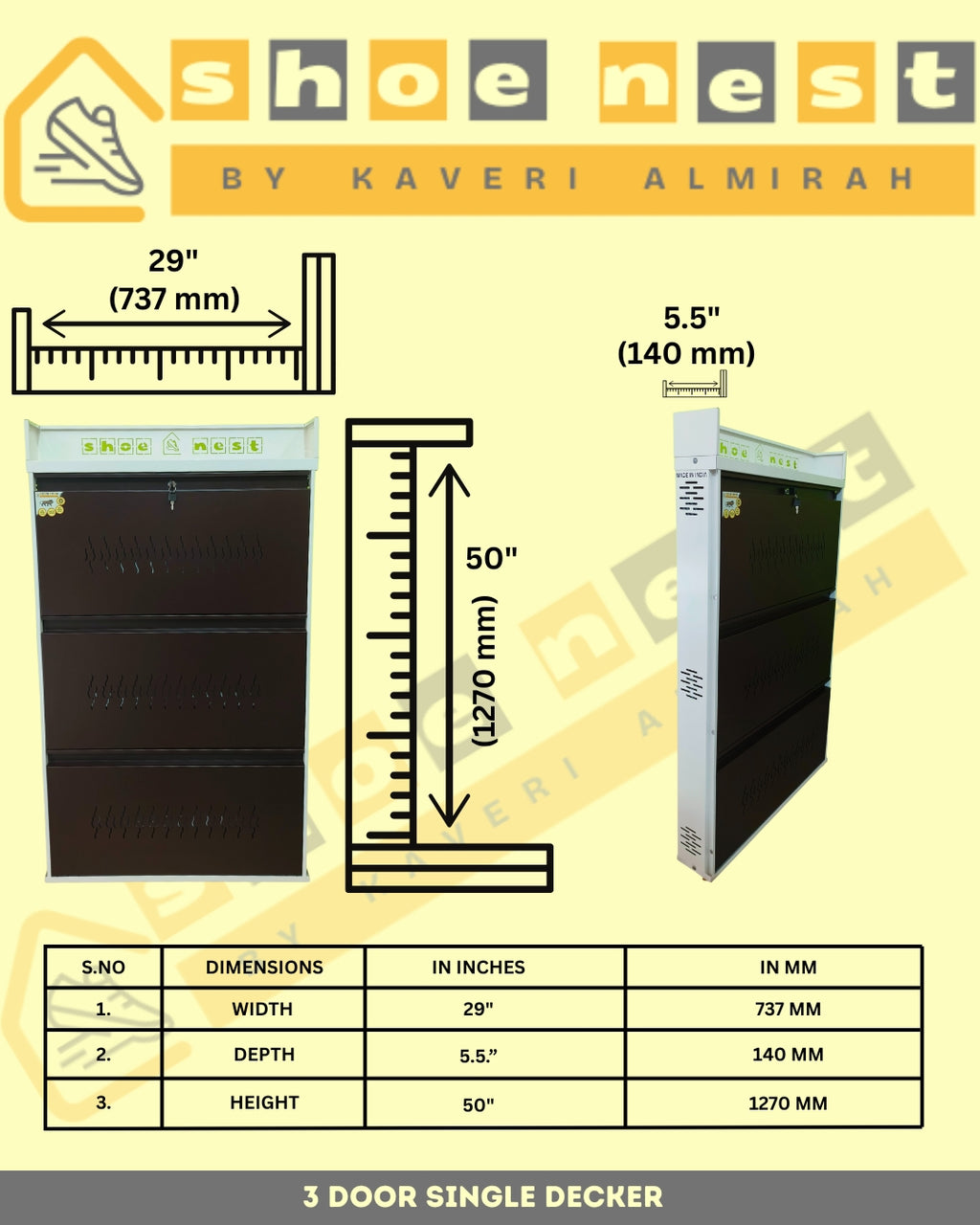 3 Door Single Decker Shoe Rack – 29 Inch Wall-Mounted | Powder-Coated Iron | Rust-Proof