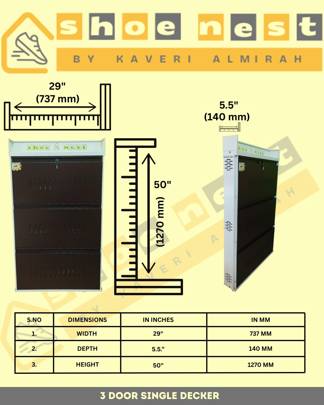 3 Door Single Decker Shoe Rack – 29 Inch Wall-Mounted | Powder-Coated Iron | Rust-Proof